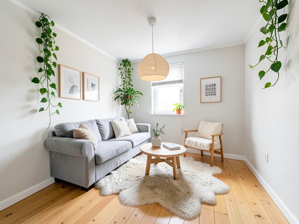 The same living room reimagined by AI Designer in Japandi style.